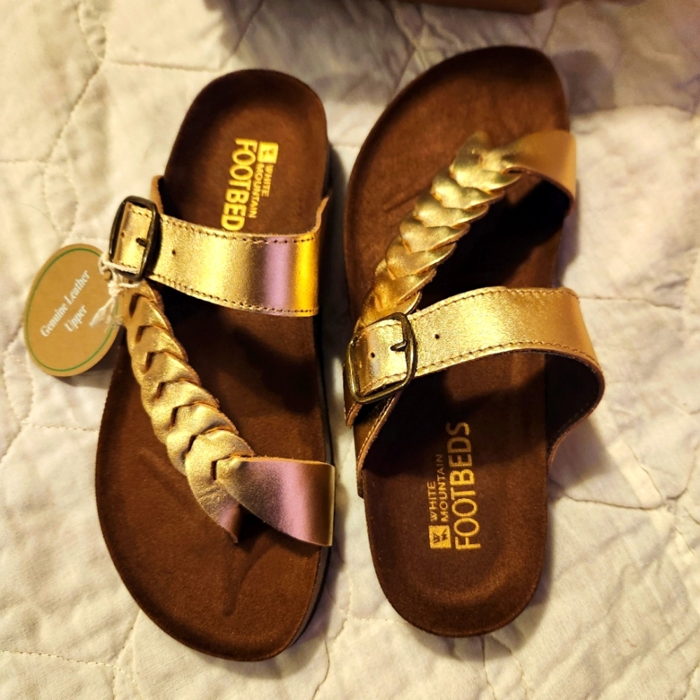 NIB*White Mountain *Happier*Antique Gold Braided leather sandals Size 7